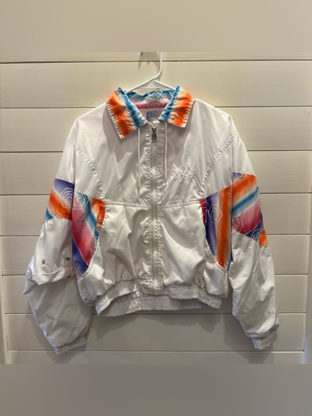 90s Olivia Valère Lightweight Jacket in White with Pink/Blue Accents Retro Club